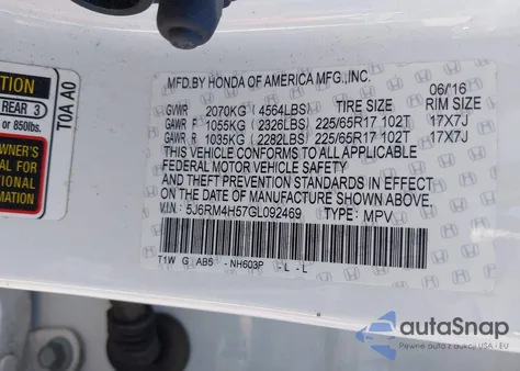 2016 Honda Cr-V Ex из США, поврежденный, VIN 5J6RM4H57GL092469